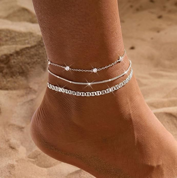 Gold Ankle Bracelets for women,14k Gold/Silver Plated Waterproof Layered lightweight Cuban Link Figaro Chain Heart anklet butterfly anklet Pearl Ankle Bracelets Set Gold Anklets for women Trendy Jewelry Gift for Women