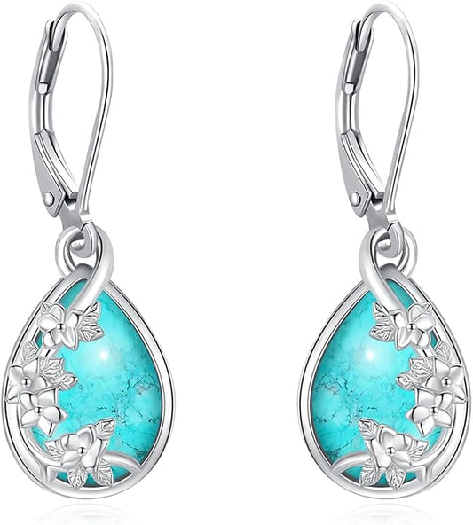 Sterling Silver Tree of Life/Flower/Bee/Animals/Cat/Hummingbird Dangle Earrings Moonstone Turquoise Drop Leverback Earrings Jewelry Gifts