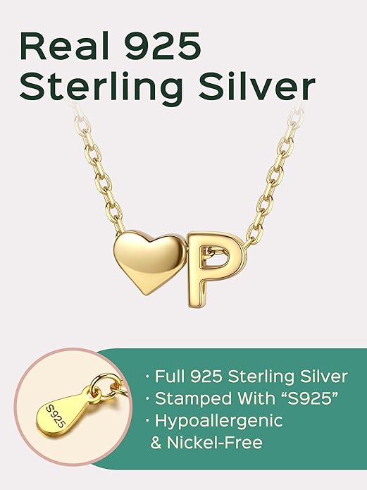 ChicSilver 925 Sterling Silver Heart Initial Necklaces for Women -Dainty Personalized Heart Pendant Letter Alphabet Necklace for Women