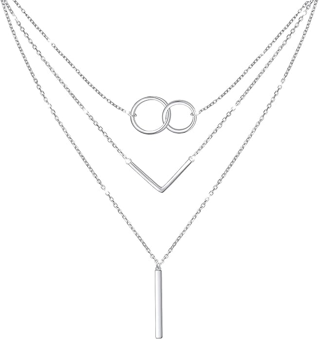 S925 Sterling Silver Layered Necklaces Multi 3 Layer Circle Bar Boho Long Triple Choker Pendant Necklace Jewerly Gift for Women