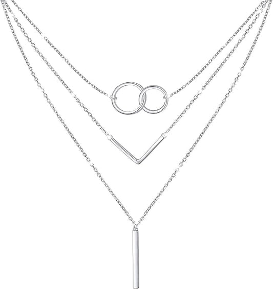 S925 Sterling Silver Layered Necklaces Multi 3 Layer Circle Bar Boho Long Triple Choker Pendant Necklace Jewerly Gift for Women
