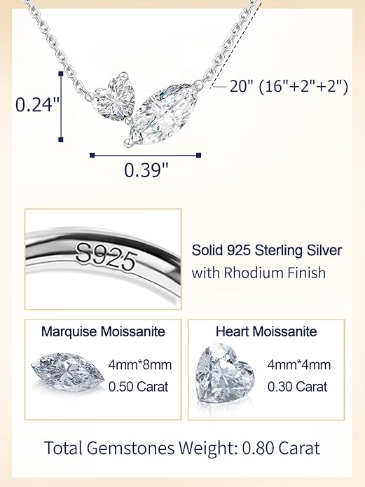 CYW Moissanite/Ruby/Sapphire/Emerald Dainty Pendant Necklace for Women, Novelty Design, Really Authentic Solid 925 Sterling Silver, 16"/18"/20" Adjustable, Birthday Anniversary Valentines Gift