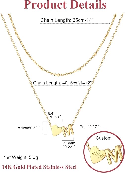 FOCALOOK Layered Initial Necklace for Women, 14K Gold Plated Choker Necklaces Stacks with Initial A-Z, Dainty Silver Heart Pendant Necklace Personalized Birthday Women Jewelry
