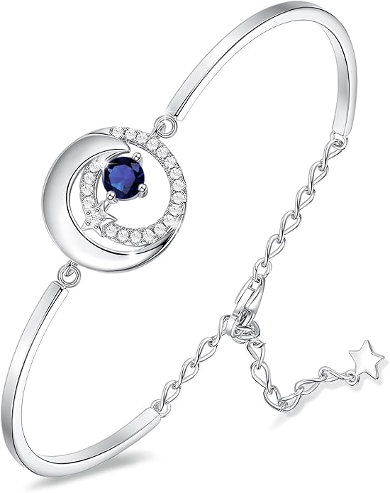 FANCIME Birthstone Bracelets 925 Sterling Silver Moon and Star Bangle Charm Bracelet Fine Jewelry Birthday Anniversary Christmas Day Gift for Her Women, Adjustable Chain 6.7"+1.2" Extend