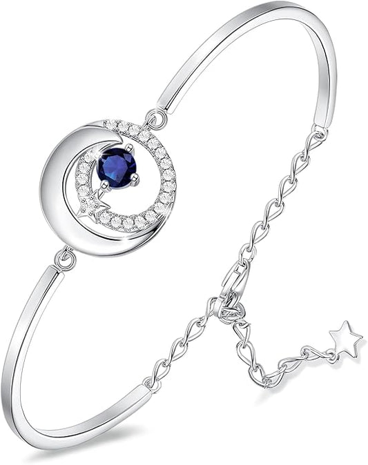 FANCIME Birthstone Bracelets 925 Sterling Silver Moon and Star Bangle Charm Bracelet Fine Jewelry Birthday Anniversary Christmas Day Gift for Her Women, Adjustable Chain 6.7"+1.2" Extend
