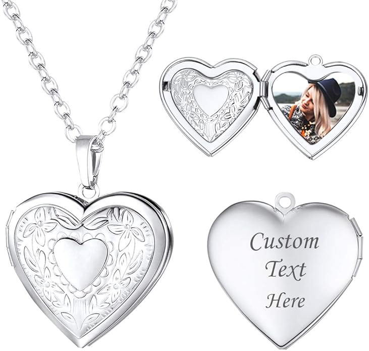 U7 Women Locket Necklace Platinum 14K Gold Photo Lockets that Hold Picture,Chain 20 Inch Personalized Gift Custom Love Heart Image Necklaces