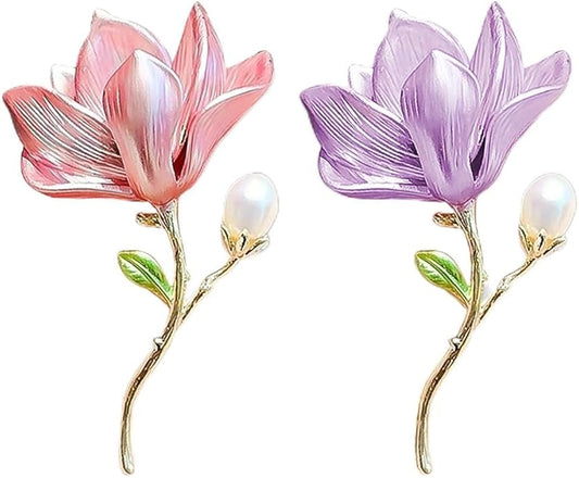 2Pcs Pearl Flower Brooches For Women Alloy Floral Brooch Pins Pink Purple Magnolias Flowers Broach Magnolia Blossom Brooches And Pins For Women Party Wedding Banquet Jewelry Clothing Accessories