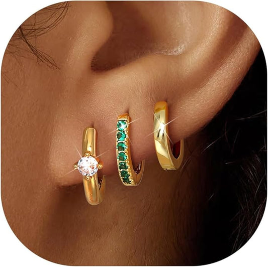 LOYALLOOK 3Pairs Gold Hoop Earrings Set for Women Trendy Huggie Hoop Earrings Stacks for Multiple Piercing 14K Gold Plated Chunky Hoop Earrings Set Hypoallergenic Cartilage Earring Lightweight