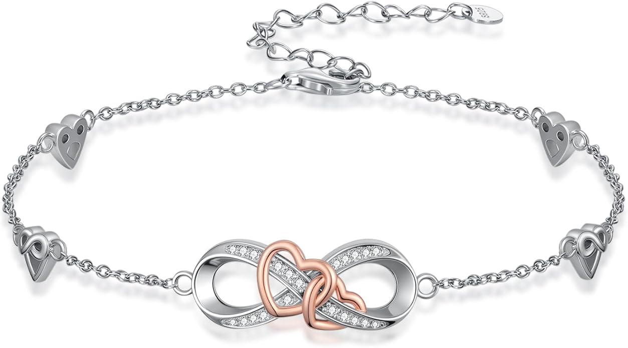 Infinity Love Heart/Claddagh Bracelet for Women 925 Sterling Silver Charm Link Bracelet Adjustable Valentine’s Day Jewelry Gift for Her