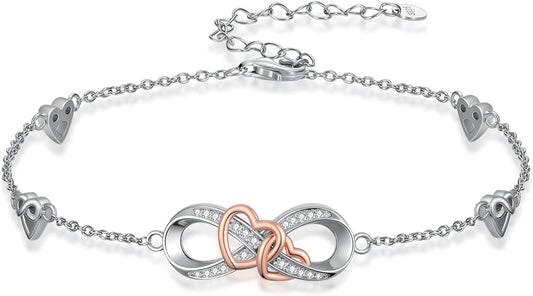Infinity Love Heart/Claddagh Bracelet for Women 925 Sterling Silver Charm Link Bracelet Adjustable Valentine’s Day Jewelry Gift for Her