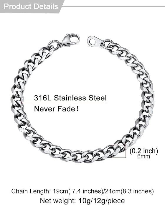 U7 Link Bracelets for Men, Cuban Link/Rope/Watch Band Solid Bracelet, Silver Black Gold Color Wrist Bracelet 3/6/9/12/15mm Width, 6.5/7.5/8.3 Inch Length, Hand Chain Jewelry for Mens Women