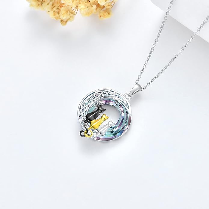 TOUPOP Christmas Cat Gifts for Cats Lovers One Two Three Four Cats Necklace Sterling Silver Cats on the Moon Pendant Necklace with Blue Circle Crystal Birthday Christmas Celtic Jewelry Gifts for Women