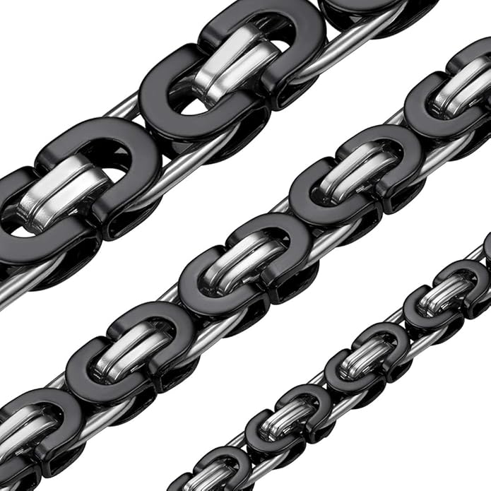 ChainsHouse Flat Byzantine Link Necklace for Men 6mm/8mm/10mm Width, 18K Gold Plated/Stainless Steel Black Byzantine Chain Necklaces, 18" 20" 22" 24" 26" 28" 30" Length, with Gift Box
