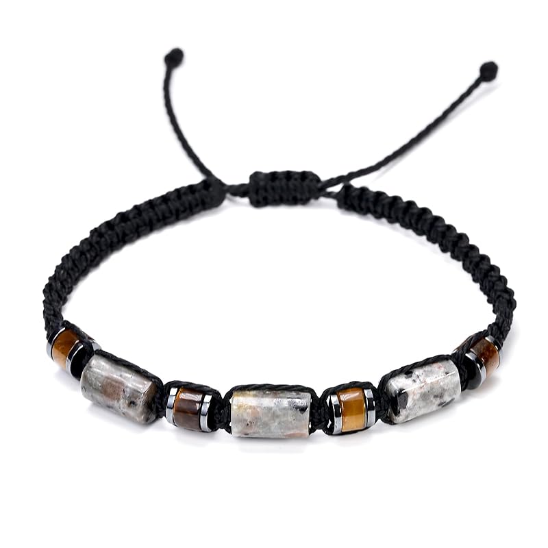 Natural Yooperlite and Tiger Eye Stone Beaded Wrap Bracelet for Men, Black