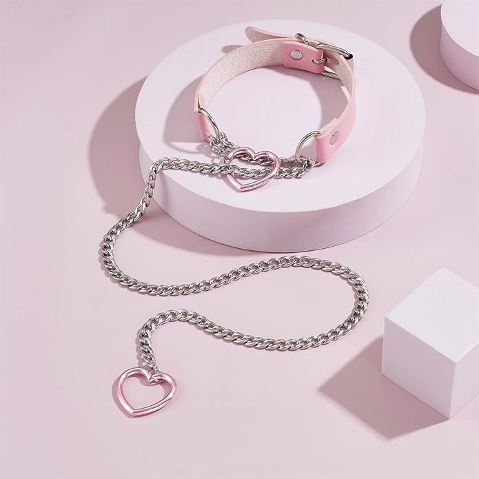 Leather Choker Slip Chain Necklace Stainless Steel Cuban Link Long Necklaces Gothic Punk Heart Chain Necklace Handmade Collars for Women