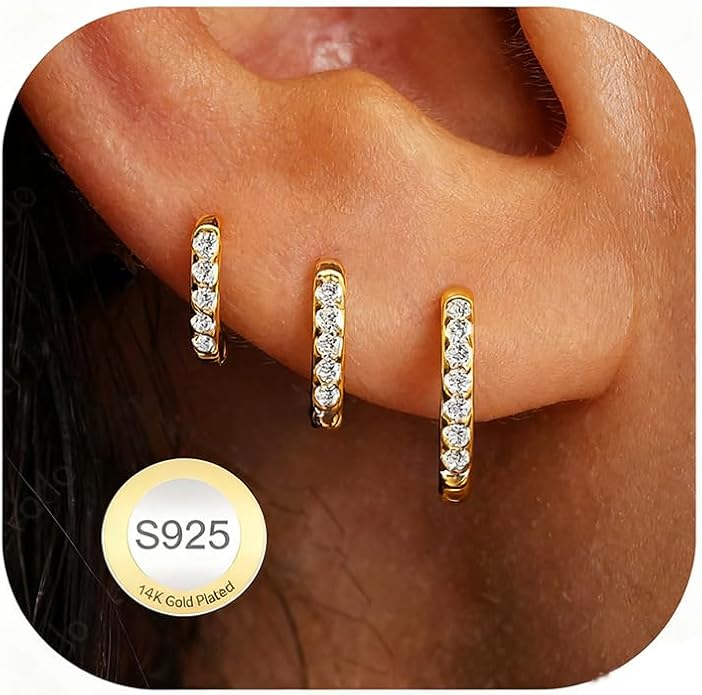 DORANA Valentines Day Gift 3 Pairs 925 Sterling Silver Earrings for Women Girls Non Tarnish Small Hypoallergenic Huggie Hoops Cartilage Stack Earring Sets for Multiple Piercing