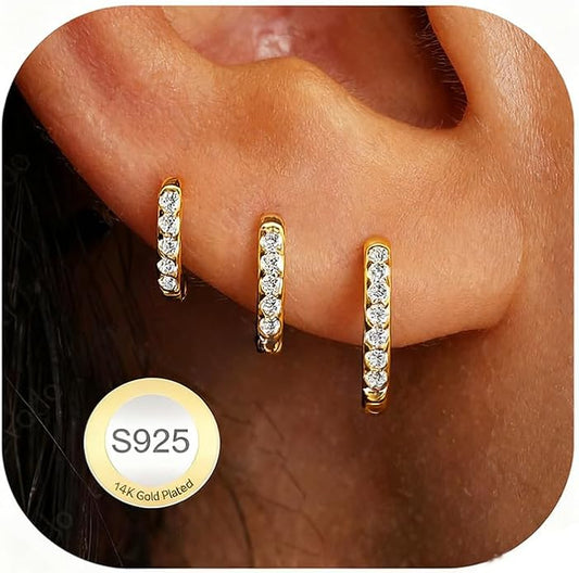 DORANA Valentines Day Gift 3 Pairs 925 Sterling Silver Earrings for Women Girls Non Tarnish Small Hypoallergenic Huggie Hoops Cartilage Stack Earring Sets for Multiple Piercing