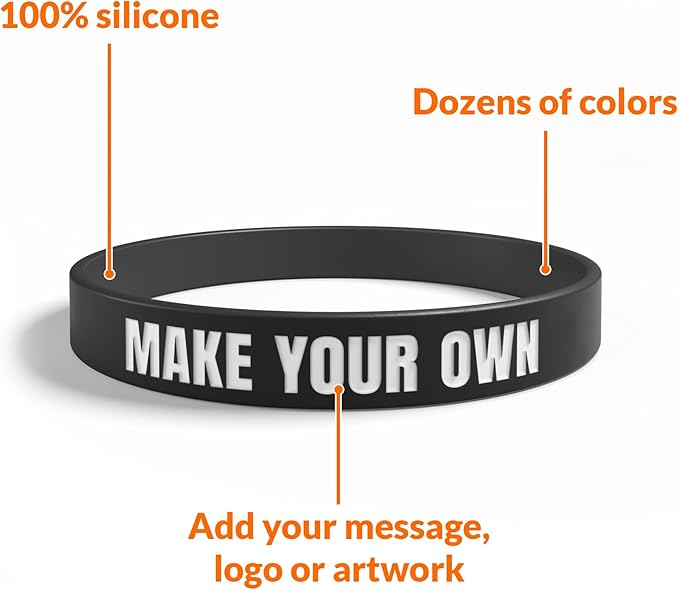 Custom Wristbands For Events, Fundraisers & Promotions | Add Text, Icons, & Logos | Bulk Rubber Bracelets | Classic 1/2” | 100% Silicone