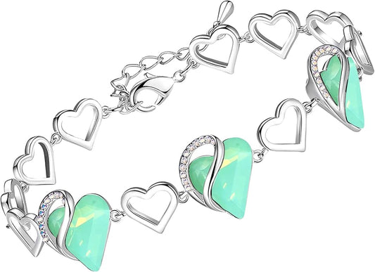 Leafael Infinity Love Heart Link Bracelets, Birthstone or Healing Stone Crystal Bracelet for Women, Silver Tone Jewelry Gifts for Her, 7-inch Chain and 2-inch Extender