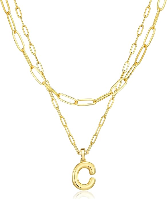 adoyi Gold Necklace for Women Layered Bubble Heart Letter Initial Necklaces for Women Trendy Jewelry 14K Gold Plated Chain Chunky Name Necklace Stack Charm A-Z Pendant Set Jewelry Gifts