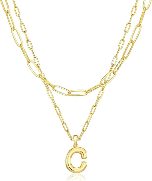 adoyi Gold Necklace for Women Layered Bubble Heart Letter Initial Necklaces for Women Trendy Jewelry 14K Gold Plated Chain Chunky Name Necklace Stack Charm A-Z Pendant Set Jewelry Gifts