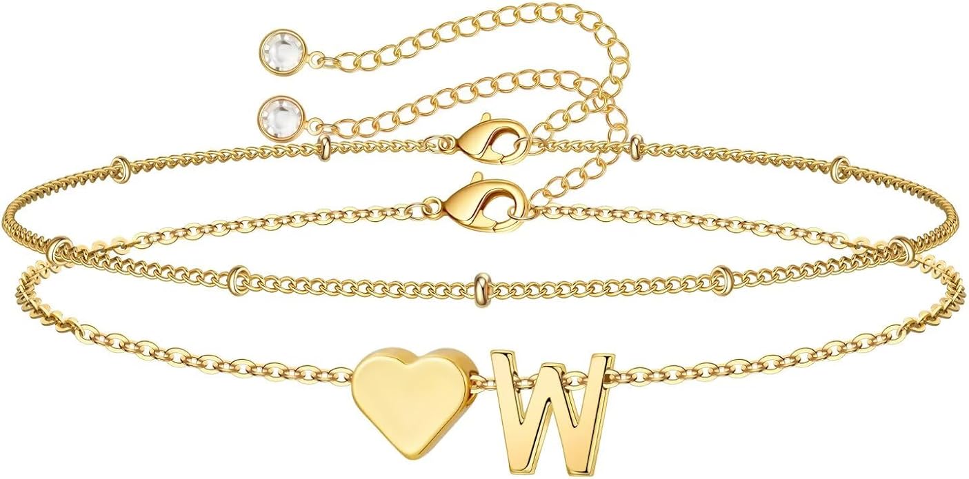 M MOOHAM Christmas Gifts for Grandkids Teens Girls -14K-Gold-Plated Heart Initial Bracelets for Women Girl Dainty Gold Bracelets Birthday Gift Stocking Stuffers for Women Teenage Girls Kids Gifts