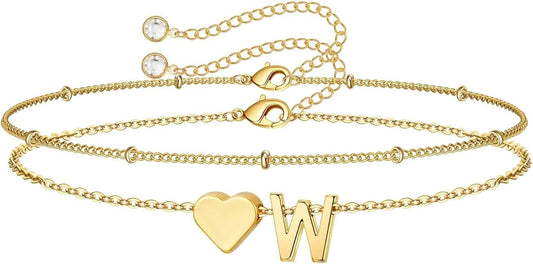 M MOOHAM Christmas Gifts for Grandkids Teens Girls -14K-Gold-Plated Heart Initial Bracelets for Women Girl Dainty Gold Bracelets Birthday Gift Stocking Stuffers for Women Teenage Girls Kids Gifts