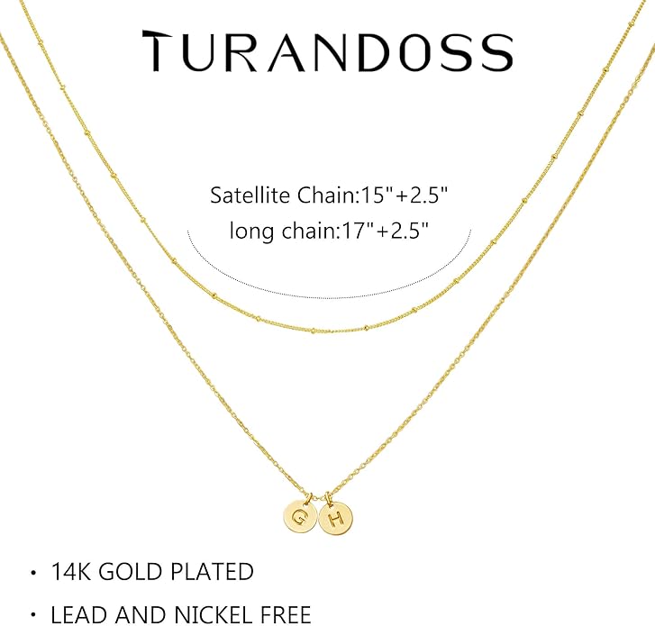 Turandoss Gold Initial Necklaces for Women - Dainty 14K 14K-Gold-Plated Layered Two Letter A-Z Stack Disc Initial Necklace Trendy, Birthday Personalized Gifts for Women Teen Girls Jewelry