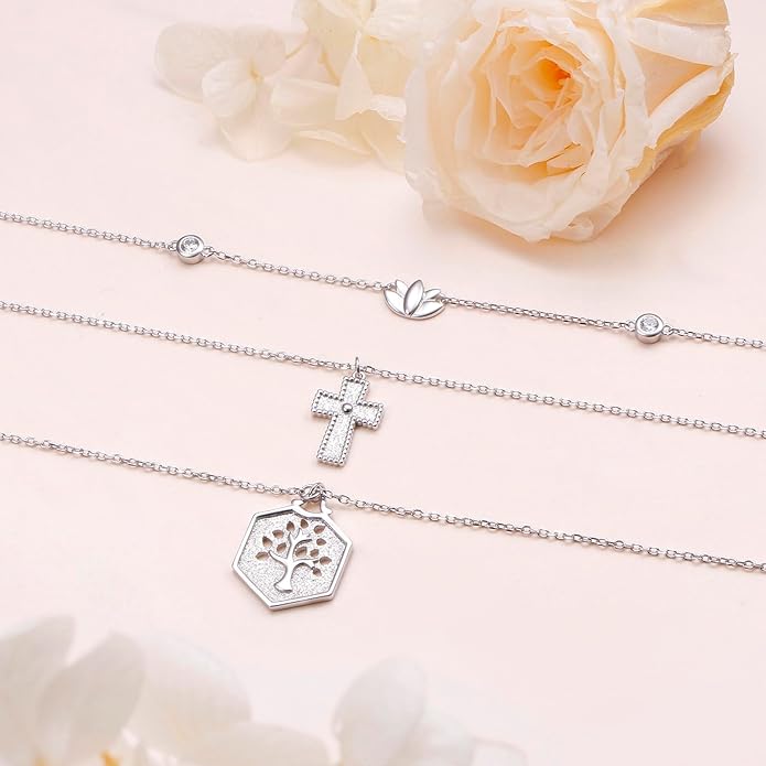 Layered Necklaces for Women 925 Sterling Silver Cross Triple Long Chain Pendant Necklace Lotus Tree of Life Pendant Necklace for Women Jewelry