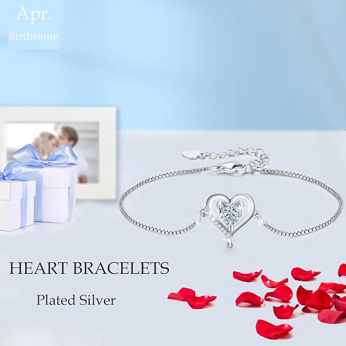 LAVUMO Love Heart Bracelets for Women 925 Silver Charm Birthstone Bracelet Adjustable Anniversary Birthday Jewelry Gifts for Women Girlfriend Wife Daughter Mom Her