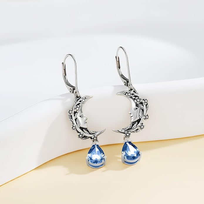 925 Sterling Silver Vintage Retro Oxidized Moon Crescent Dangle Drop Leverback Earrings with 12 Months Birthstone Jewelry Gifts for Women Her