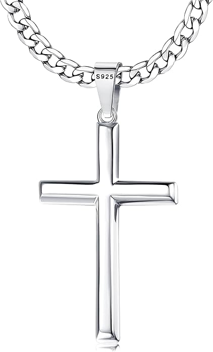 MILACOLATO 925 Sterling Silver Cross Necklace Men - Beveled Edge Cross Pendant with 5mm 316L Stainless Steel Cuban Link Curb Chain Crucifix Necklaces Silver Jewelry for Men Women, 18-30'' Christian Baptism Gift