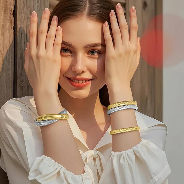 Emibele Gold Bangles Bracelet Set for Women, 18K Gold Plated Chunky Stainless Steel Non Tarnish Stretch Bracelet Stack, Flexible Wide Wristband Bangle Layered Snake Chain Bracelets