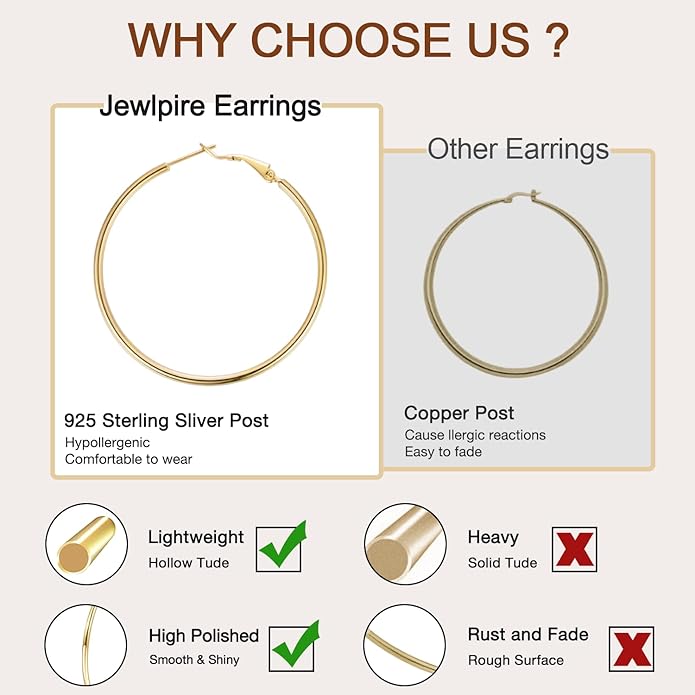Jewlpire 14K Gold Plated 925 Sterling Sliver Post Hoop Earrings, 2MM Thick Hoop earrings Lightweight Large Hoop Earrings for Women Trendy 20/30/40/50/60/70mm