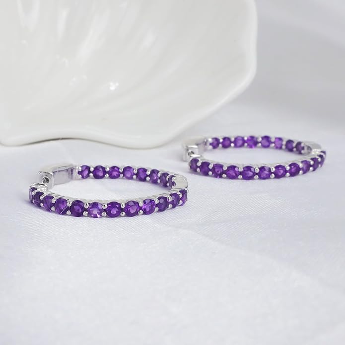 Hoop Earrings with 40 Colored Gemstones, Birthstone Earrings, 925 Sterling Silver Rhodium Plated, Push Back Closure, 1.18'
