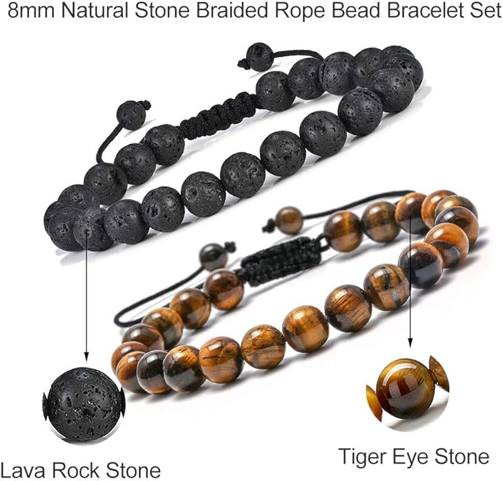 M MOOHAM Natural Stone Bracelets for Men - 8mm Tiger Eye, Matte Agate, Lava Rock - Teen Boys Gifts for Birthday, Anniversary, Christmas