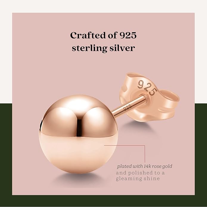 KEZEF Sterling Silver Ball Stud Earrings Hypoallergenic Earrings for Women | Available in Sterling Silver, Rose Gold, or 14K Gold Plated Silver (2mm-10mm)