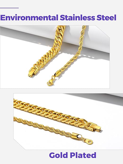Richsteel 2PCS/3PCS Bracelets Chain for Men Women Stainless Steel Silver/Gold/Black Cuban/Rope Link Chain Bracelets Set, 7.4/8.2/9 Inch Hand Chain Length for Men Women Jewelry