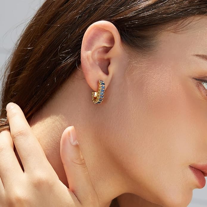 Green Crystal huggie gold hoop earrings for women Girls,14K Gold Plated with 925 Sterling Silver Post color Cubic Zirconia dainty cute Earrings| CZ Stud Earring