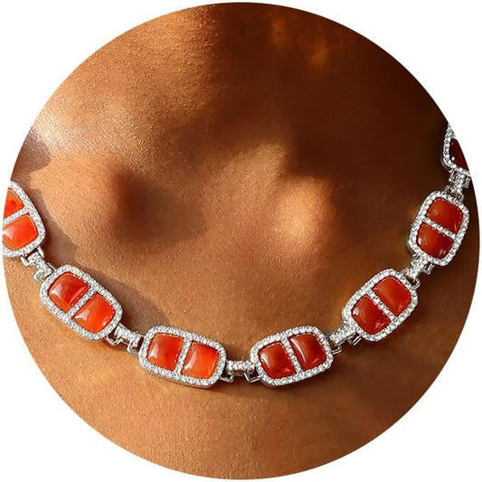 Chunky Necklace for Women 12 Colors Diamond Stone Gold Statement Necklace for Women Full Trendy Blue Birthstone Choker Necklace for Women Square Design Necklace Jewelry