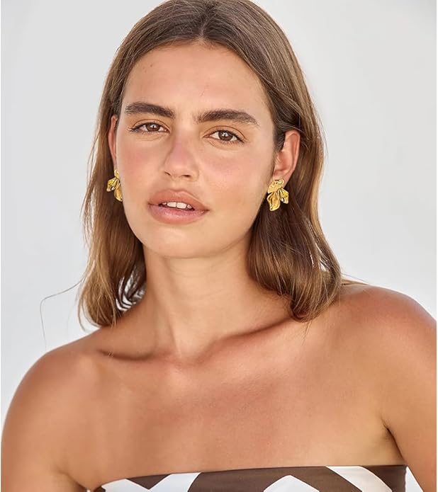 Chunky Gold Statement Earrings For Women Gold Plated Sectored Flower Leaf Shell Angel Wing Earrings Large Stud Earrings Hypoallergenic Earrings