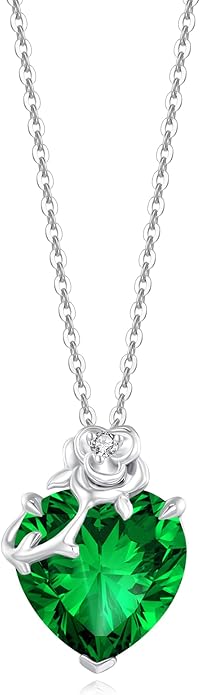 FANCIME 14K Solid White Gold Rose Pendant with Sterling Silver Chain Heart Birthstone Gemstone Fine Jewelry Christmas Gifts for Women Her