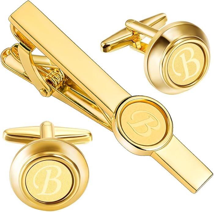 HAWSON 2 inch Tie Clips and Cufflinks Sets for Men A-Z Gold Engraved Letter Cufflinks and Tie Clips Sets for Formal Business Wedding