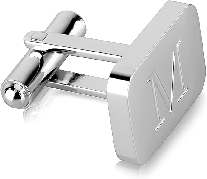 18K White-Gold Plated Initial Engraved Stainless Steel Men’s Cufflinks With Gift Box -Personalized Alphabet Letter’s A-Z By Lux & Pair