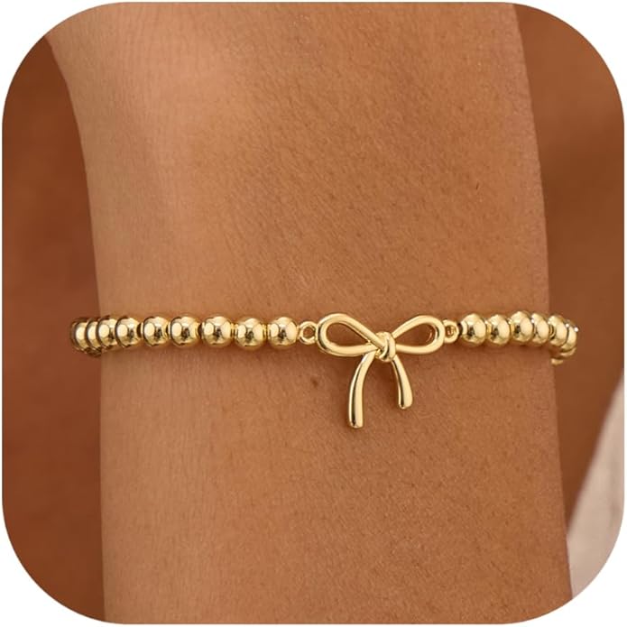 Beaded Bracelet for Women Trendy Stretch Handmade Ball Charm Bracelet Dainty Cross Heart Bow Wave CZ Stackable Jewelry Charm Gifts for Her