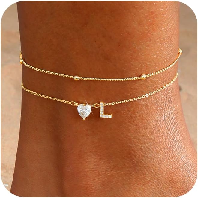 CAROVO Gold Ankle Bracelets for Women Waterproof 14K Real Gold Plated CZ Initial Anklet for Women Dainty Layered Letter A-Z Heart Ankle Bracelets Handmade Adjustable Anklet Summer Beach Jewelry