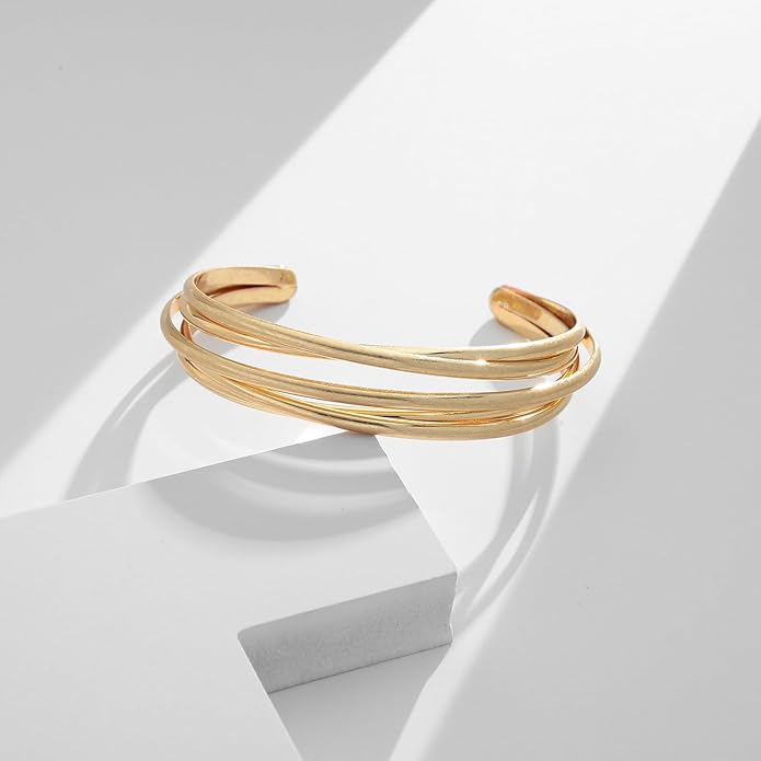 Gold Cuff Bracelet for Women Chunky Multi-layer Cross Wire Open Bracelet Hollow Wide Cuff Bracelets Adjustable Gold Open Cuff Bangle Bracelet