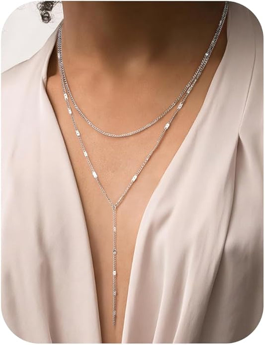 Magitaco Lariat Necklace for Women, 18K Gold Plated/Silver Color Dainty Long Necklaces for Women Layered Y-Necklace, Drop Beaded Sequined Chain for V-Neck, Elegant Wedding Guest Jewelry