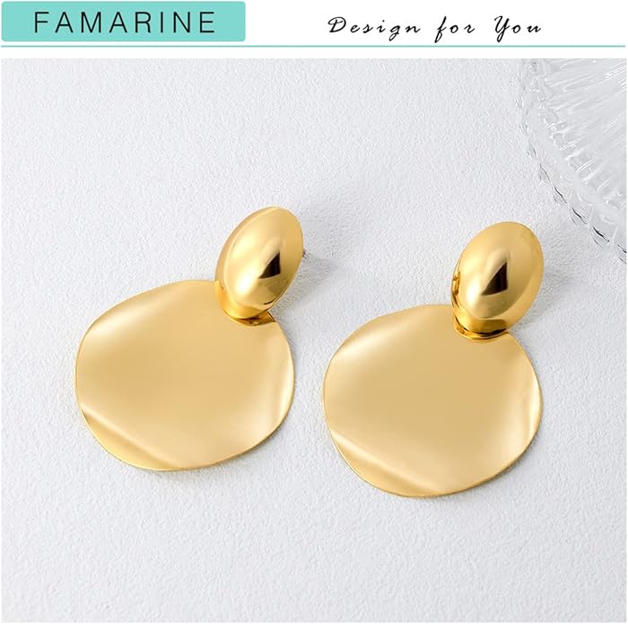 FAMARINE Big Disc Drop Earrings Gold Dangle Earrings Round Hammered Earrings Women