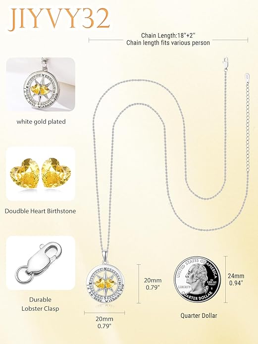 Compass Birthstones Necklace for Women, Exquisite Anniversary Birthday Gifts for Wife Her Double Birthstone Pendant jewelry ‘I'd be Lost Without You’